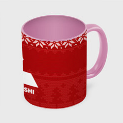 Кружка 3D Новогодний Mitsubishi, цвет: 3D-белый + розовый