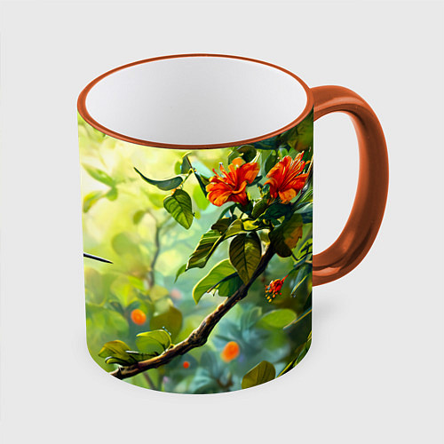 Кружка цветная Колибри в цветах / 3D-Оранжевый кант – фото 1