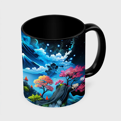 Кружка цветная Водопад и горы Японии / 3D-Белый + черный – фото 1