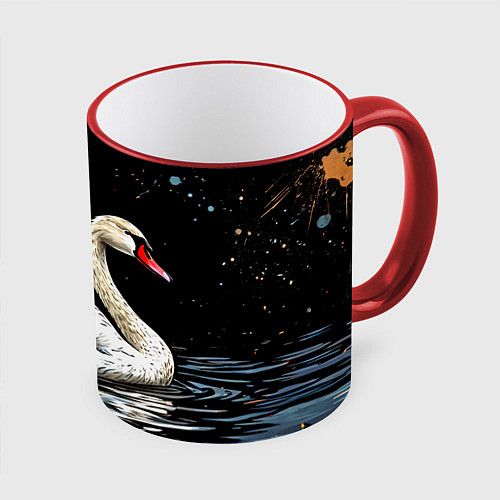 Кружка цветная Белый лебедь ночью / 3D-Красный кант – фото 1