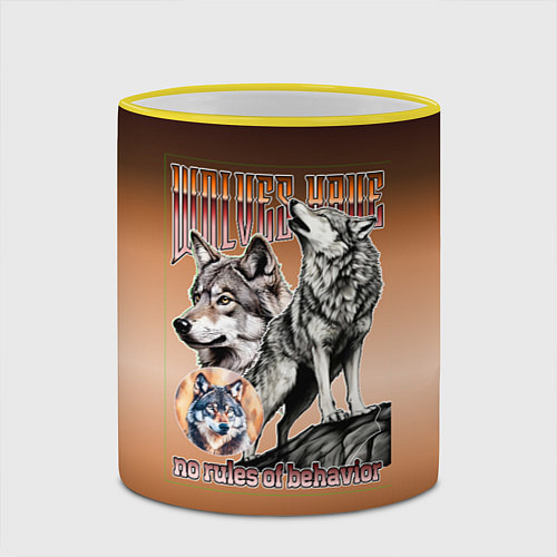 Кружка цветная Волки с надписью / 3D-Желтый кант – фото 2