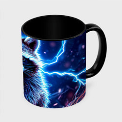 Кружка 3D Енот в разрядах молний, цвет: 3D-белый + черный