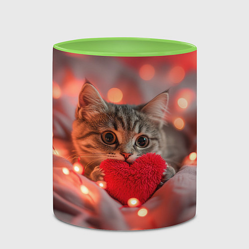 Кружка цветная Кошечка с сердечком и с гирляндой / 3D-Белый + светло-зеленый – фото 2