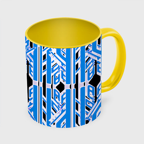 Кружка цветная Бело-синие техно полосы на чёрном фоне / 3D-Белый + желтый – фото 1