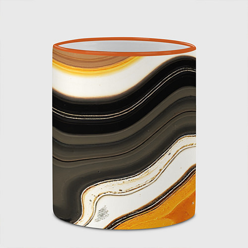 Кружка цветная Волнистые чёрно-жёлтые полосы на белом фоне / 3D-Оранжевый кант – фото 2