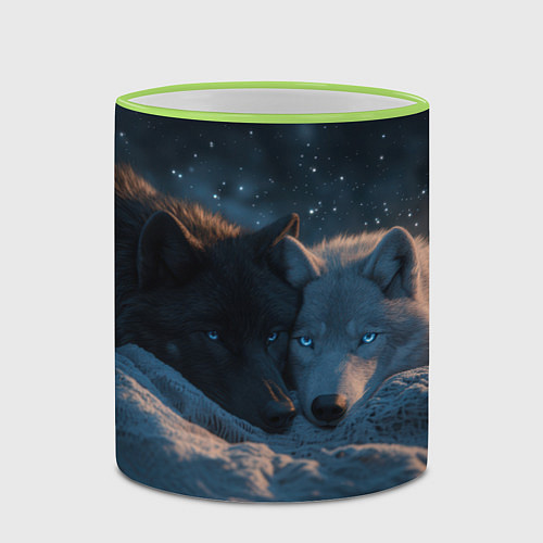 Кружка цветная Влюбленные волки лежат вместе / 3D-Светло-зеленый кант – фото 2