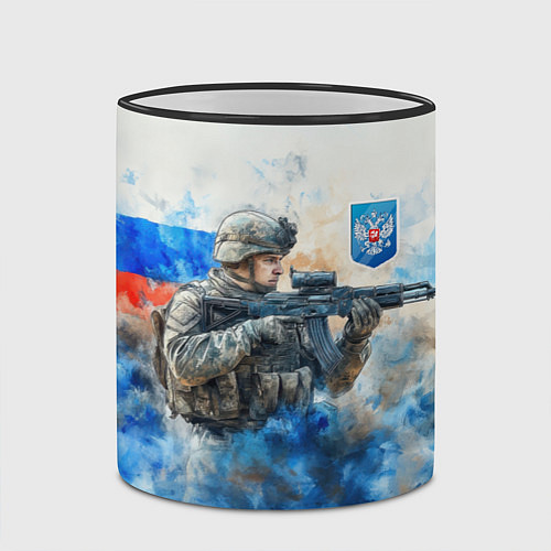 Кружка цветная Русский солдат и герб РФ / 3D-Черный кант – фото 2