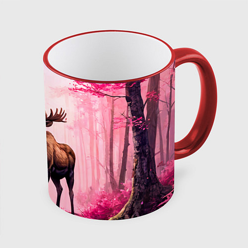 Кружка цветная Лось в розовом лесу / 3D-Красный кант – фото 1