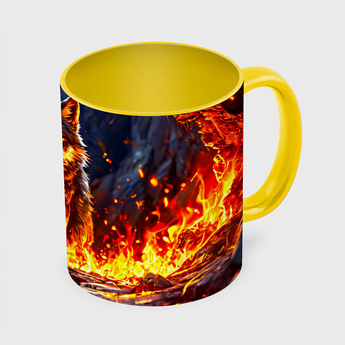 Кружка цветная Волк в огненной пещере / 3D-Белый + желтый – фото 1