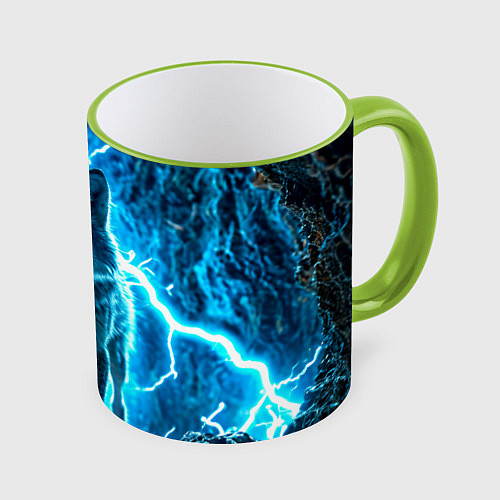 Кружка цветная Волк в разрядах молнии / 3D-Светло-зеленый кант – фото 1