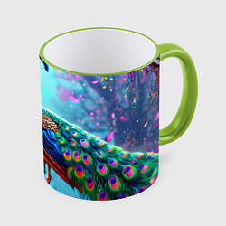 Кружка 3D Павлин в неоновом свете, цвет: 3D-светло-зеленый кант