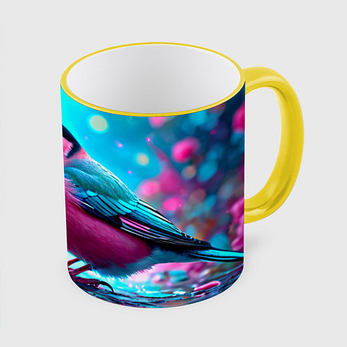 Кружка цветная Розовый снегирь / 3D-Желтый кант – фото 1