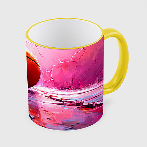 Кружка цветная Баскетбольный мяч у розовой стены / 3D-Желтый кант – фото 1