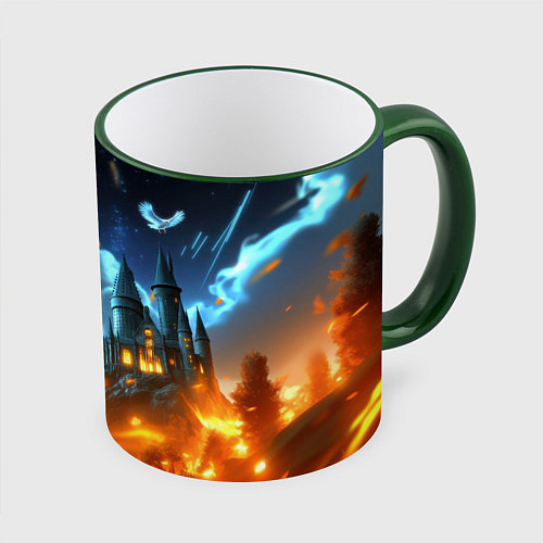Кружка цветная Гарри Поттер на фоне огня / 3D-Зеленый кант – фото 1