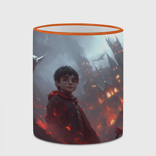 Кружка цветная Гарри Поттер горящий замок / 3D-Оранжевый кант – фото 2
