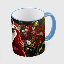 Кружка 3D Единорожка с рыжими волосами, цвет: 3D-небесно-голубой кант