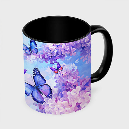 Кружка цветная Бабочки и сирень - нежная голубая живопись / 3D-Белый + черный – фото 1