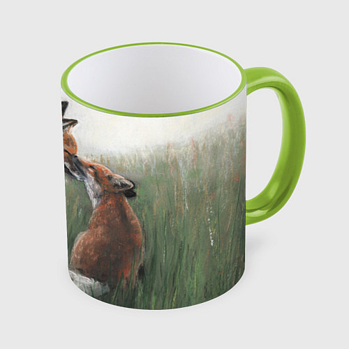 Кружка цветная Лиса с лисёнком / 3D-Светло-зеленый кант – фото 1