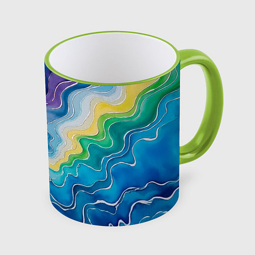 Кружка цветная Абстрактные волны в мраморном стиле / 3D-Светло-зеленый кант – фото 1