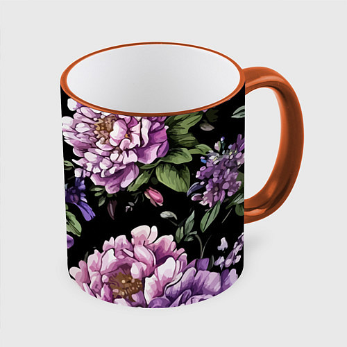 Кружка цветная Пионы и сирень старинный узор / 3D-Оранжевый кант – фото 1