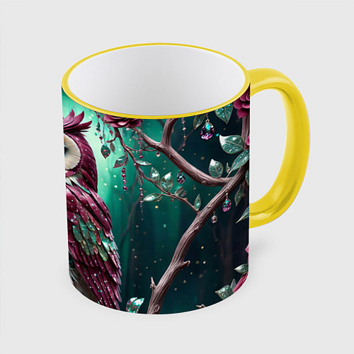 Кружка цветная Волшебная сова в самоцветном лесу / 3D-Желтый кант – фото 1