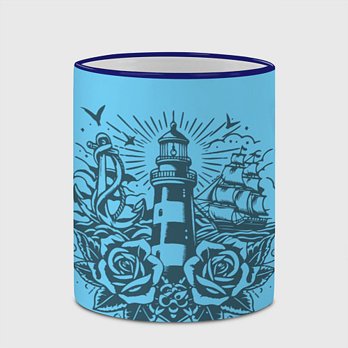 Кружка цветная Маяк с розами и кораблем / 3D-Синий кант – фото 2