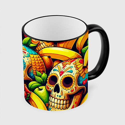 Кружка цветная Colorfull skulls and bananas - pop art pattern / 3D-Черный кант – фото 1