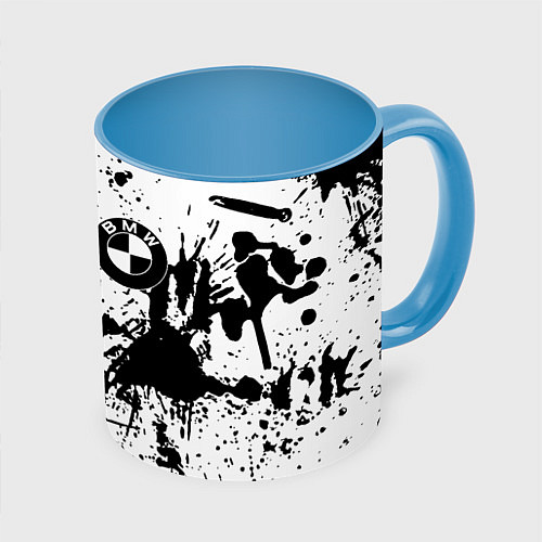 Кружка цветная BMW черно белые краски / 3D-Белый + небесно-голубой – фото 1