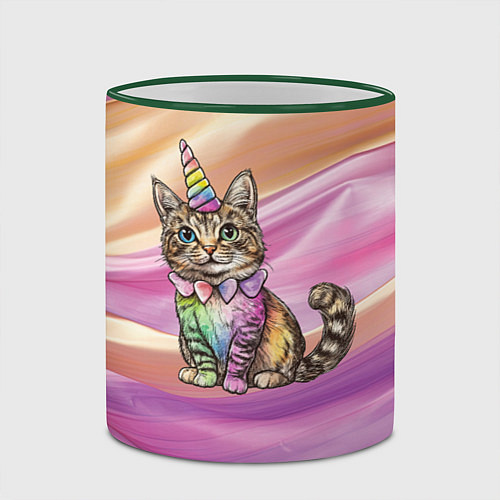 Кружка цветная Котенок в костюме единорога / 3D-Зеленый кант – фото 2