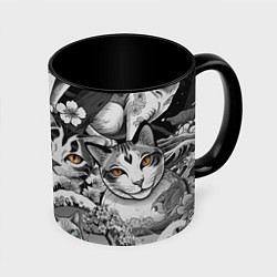 Кружка 3D С котами и рыбой на фоне сакуры в волнах, цвет: 3D-белый + черный