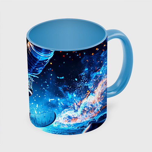 Кружка цветная Хоккеист в синем пламени / 3D-Белый + небесно-голубой – фото 1