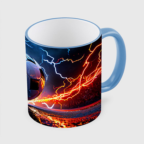 Кружка цветная Футбольный мяч в молниях / 3D-Небесно-голубой кант – фото 1