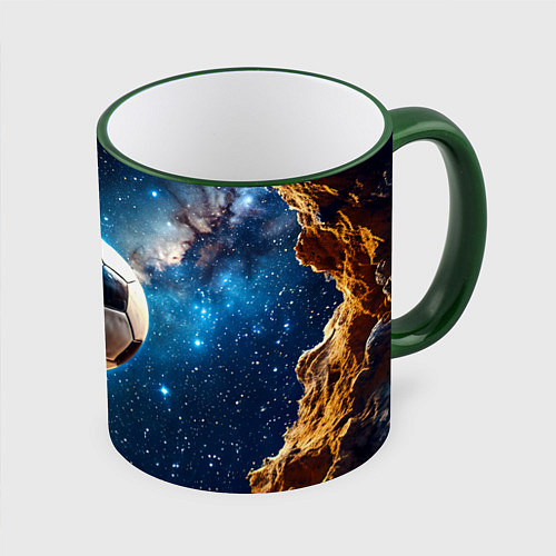 Кружка цветная Футбольный мяч в космосе / 3D-Зеленый кант – фото 1