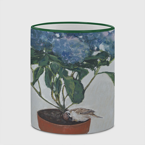 Кружка цветная Спящий воробушек на гортензии / 3D-Зеленый кант – фото 2