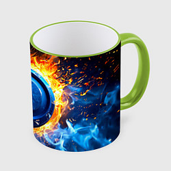 Кружка 3D Шайба в синем пламени, цвет: 3D-светло-зеленый кант