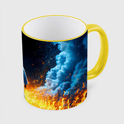 Кружка 3D Айкидоист в огне и синий дым, цвет: 3D-желтый кант