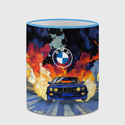 Кружка 3D Синяя БМВ за огнем, цвет: 3D-небесно-голубой кант — фото 2