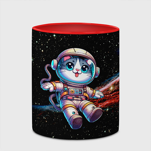 Кружка цветная Котёнок космонавт в открытом космосе / 3D-Белый + красный – фото 2