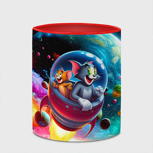 Кружка цветная Том и Джерри летят в ракете - нейроарт / 3D-Белый + красный – фото 2