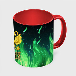 Кружка 3D Россия на фоне зеленого огня, цвет: 3D-белый + красный
