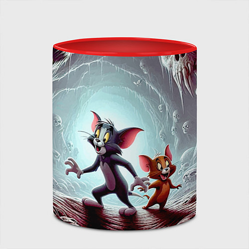 Кружка цветная Том и Джерри в пещере ужасов - хэллоуин / 3D-Белый + красный – фото 2