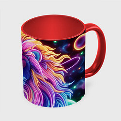 Кружка 3D Космический неоновый лев - нейроарт фантазия, цвет: 3D-белый + красный