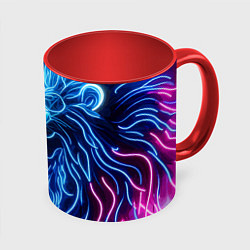 Кружка 3D Профиль космического неонового льва - нейроарт, цвет: 3D-белый + красный