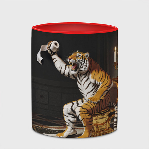 Кружка цветная Тигр сидит на золотом унитазе сердится / 3D-Белый + красный – фото 2