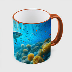 Кружка 3D Белая акула в коралловом рифе, цвет: 3D-оранжевый кант