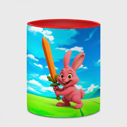 Кружка цветная Розовый заяц с мечом из морковки / 3D-Белый + красный – фото 2