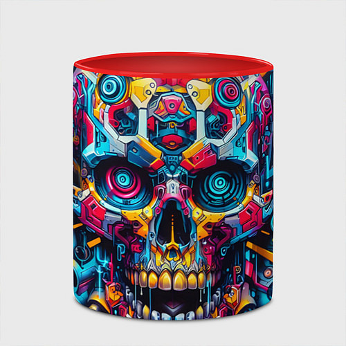 Кружка цветная Кибер череп - нейроарт паттерн / 3D-Белый + красный – фото 2