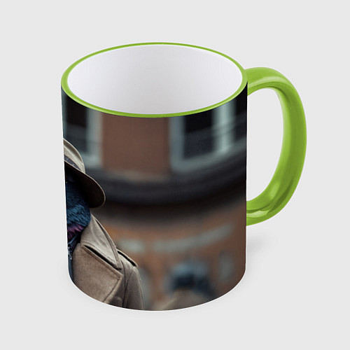 Кружка цветная Голубь шпион с ретро фотокамерой / 3D-Светло-зеленый кант – фото 1
