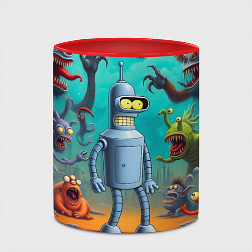 Кружка цветная Робот-сгибальщик Бендер в окружении монстров / 3D-Белый + красный – фото 2