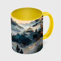 Кружка 3D Японские горы и туман, цвет: 3D-белый + желтый